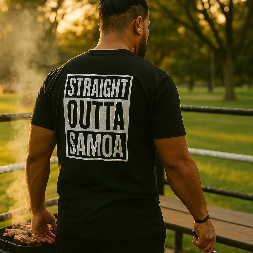 Black unisex heavy T-shirt featuring "Straight Outta Samoa" graphic design.