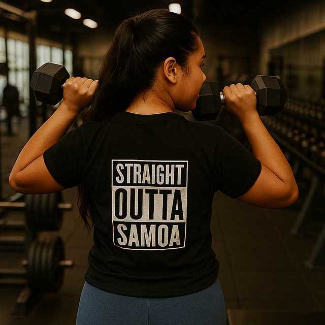 Black unisex T-shirt featuring "Straight Outta Samoa" design, heavy cotton fabric, casual fit, and bold print.