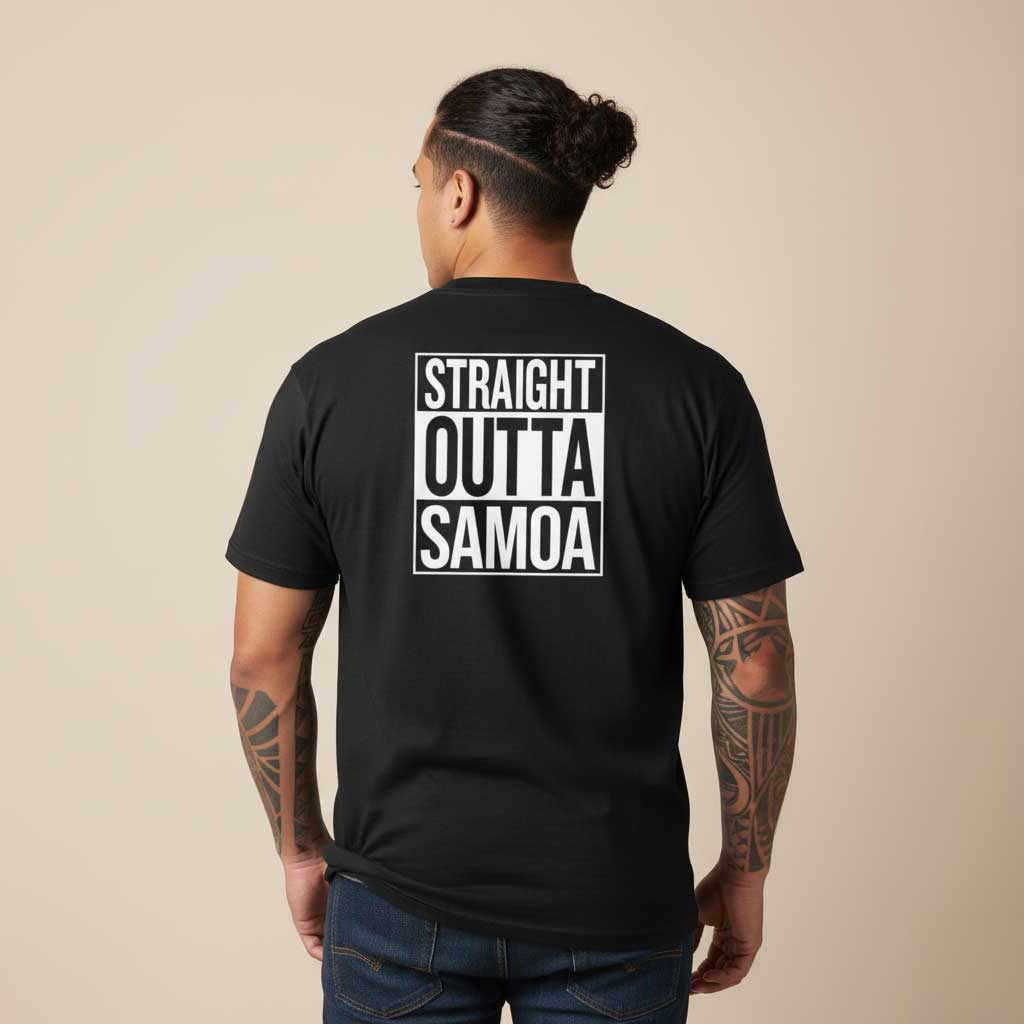Black heavy unisex T-shirt featuring "Straight Outta Samoa" graphic design.