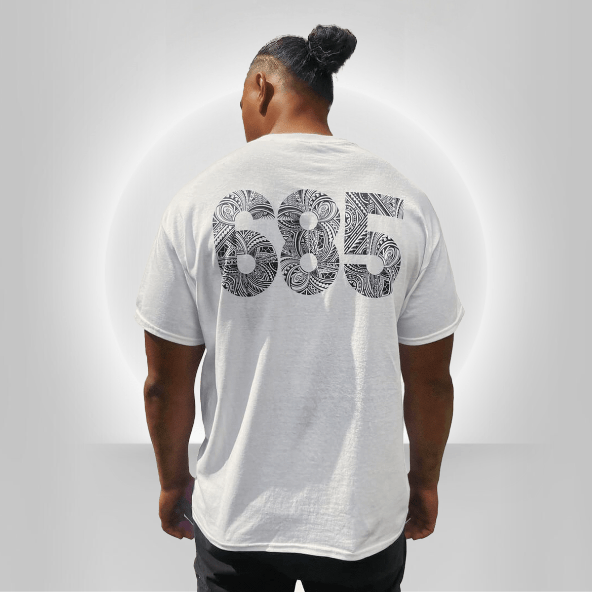 White heavy unisex tee with the 685 print, The Koko Samoa