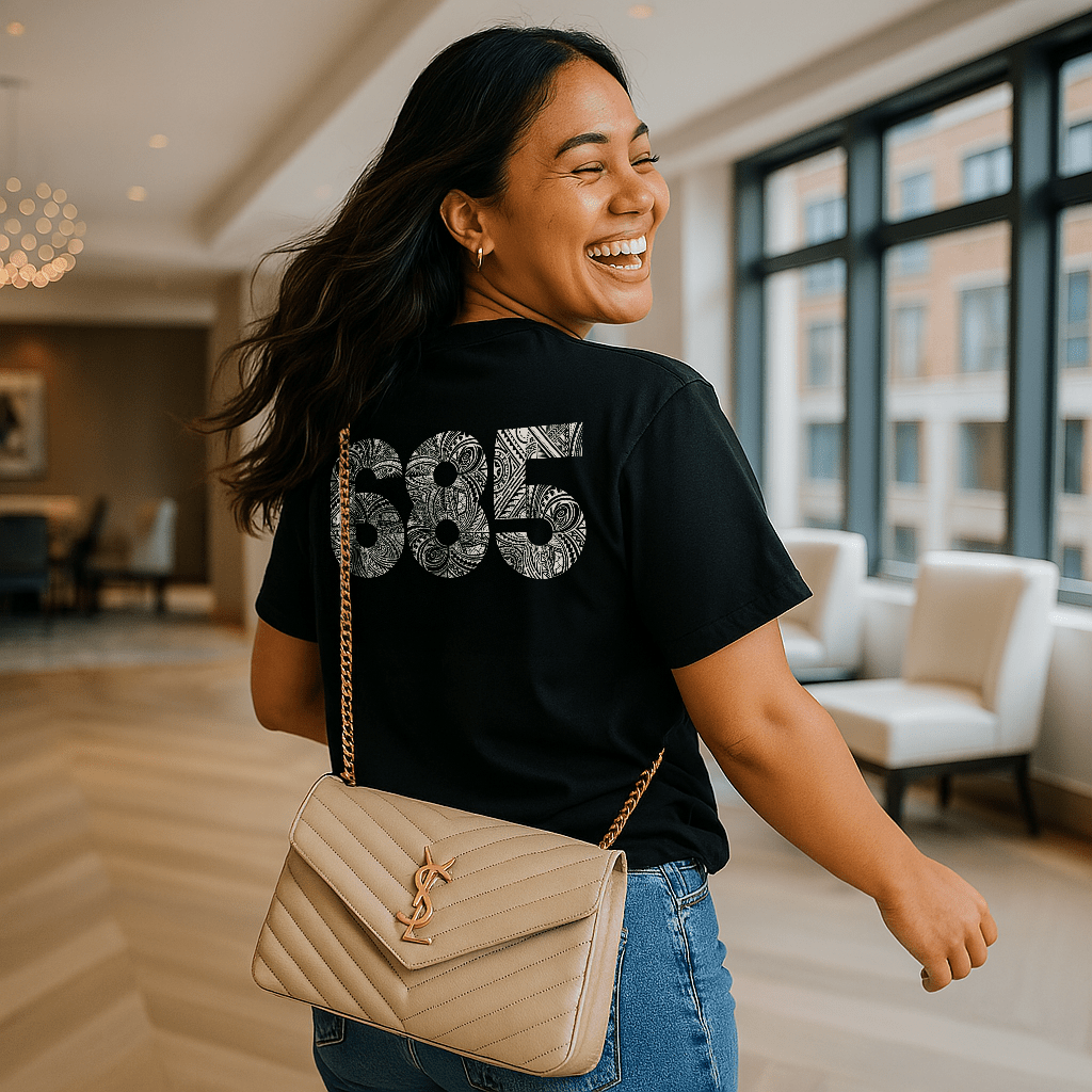Black soft unisex tee with the 685 print, The Koko Samoa