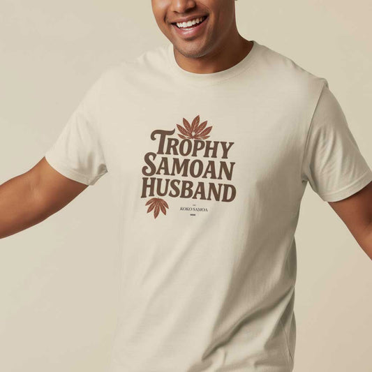 Unisex soft men's tee from The Print Bar featuring a Trophy Samoan Husband design on charcoal fabric.