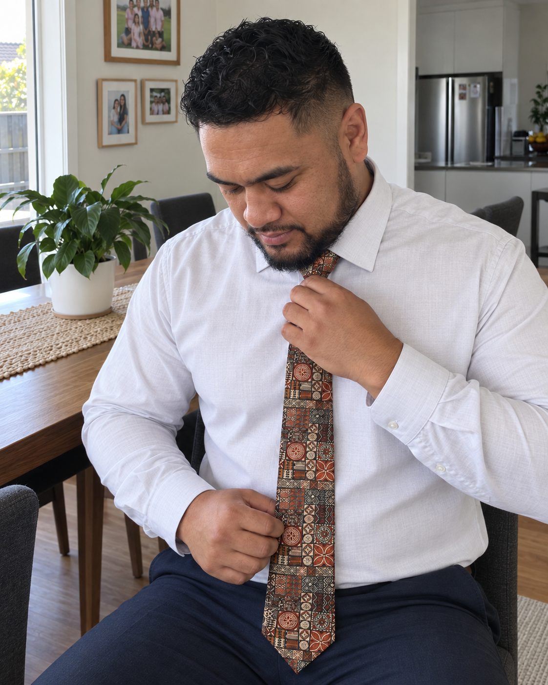 Necktie in the Elei print, worn and straightened before an event.