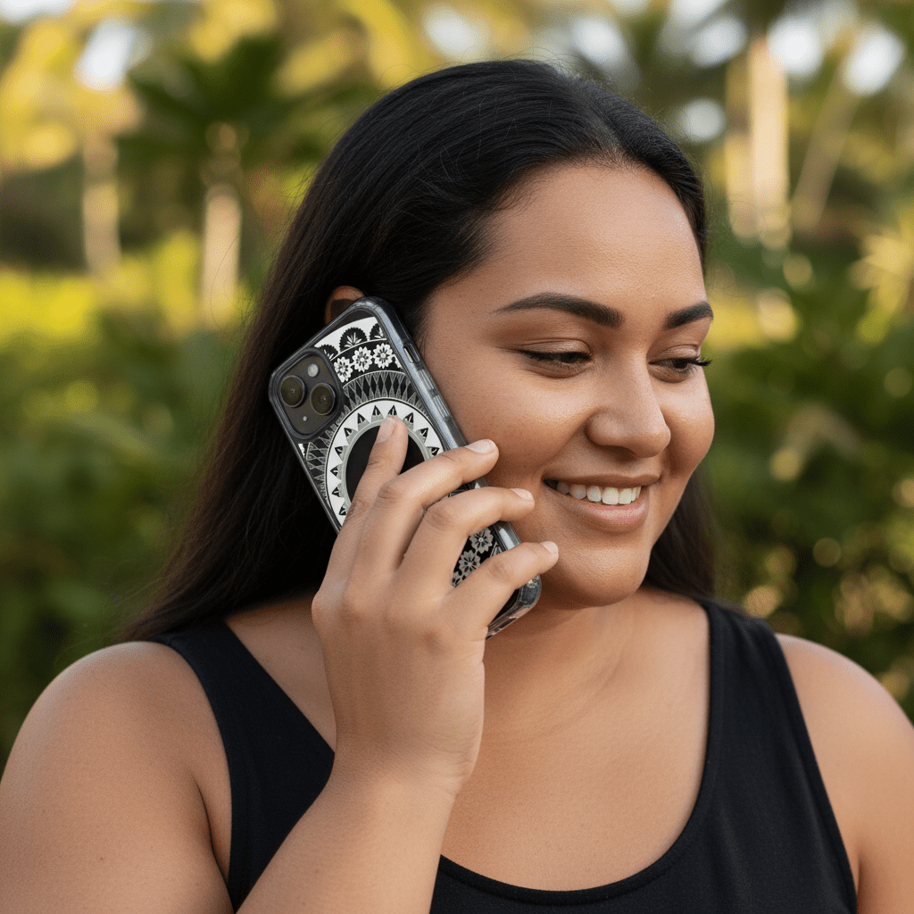 WOYC PasifikaOne MagSafe clear case for iPhone featuring Fiji design, transparent protective cover with vibrant island artwork.