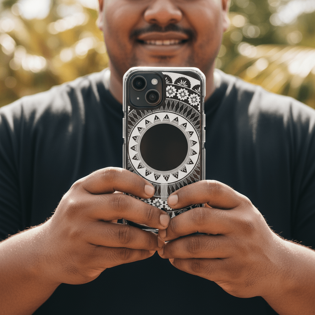 WOYC PasifikaOne MagSafe iPhone ClearCase with Fiji design, transparent case showcasing tropical island artwork and MagSafe compatibility.