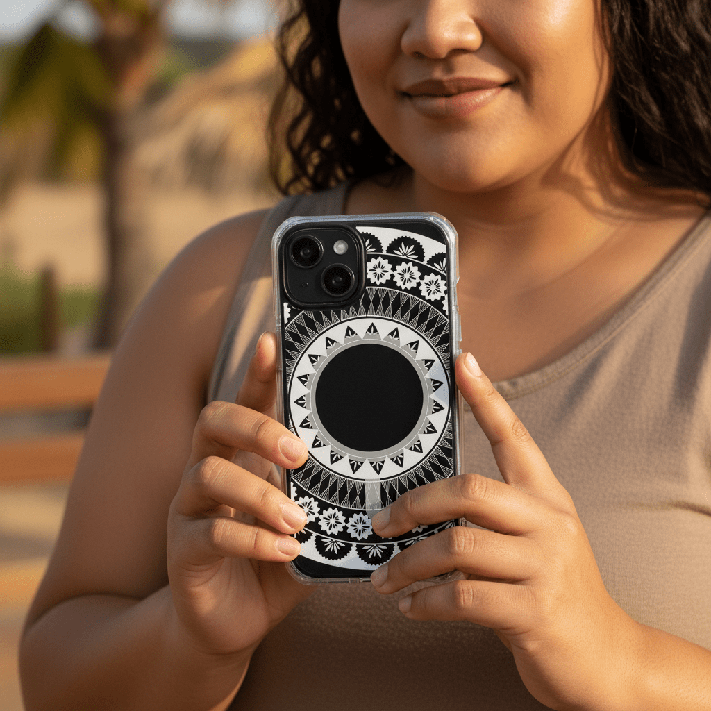 WOYC PasifikaOne MagSafe clear case for iPhone, featuring Fiji design, transparent protective cover, and MagSafe compatibility.