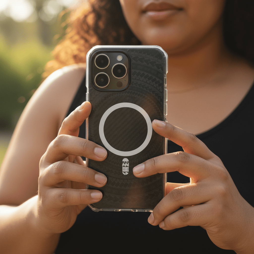 PasifikaOne MagSafe iPhone clear case in Samoan Black with traditional Koko Samoa design, compatible with AU, NZ, and US models.