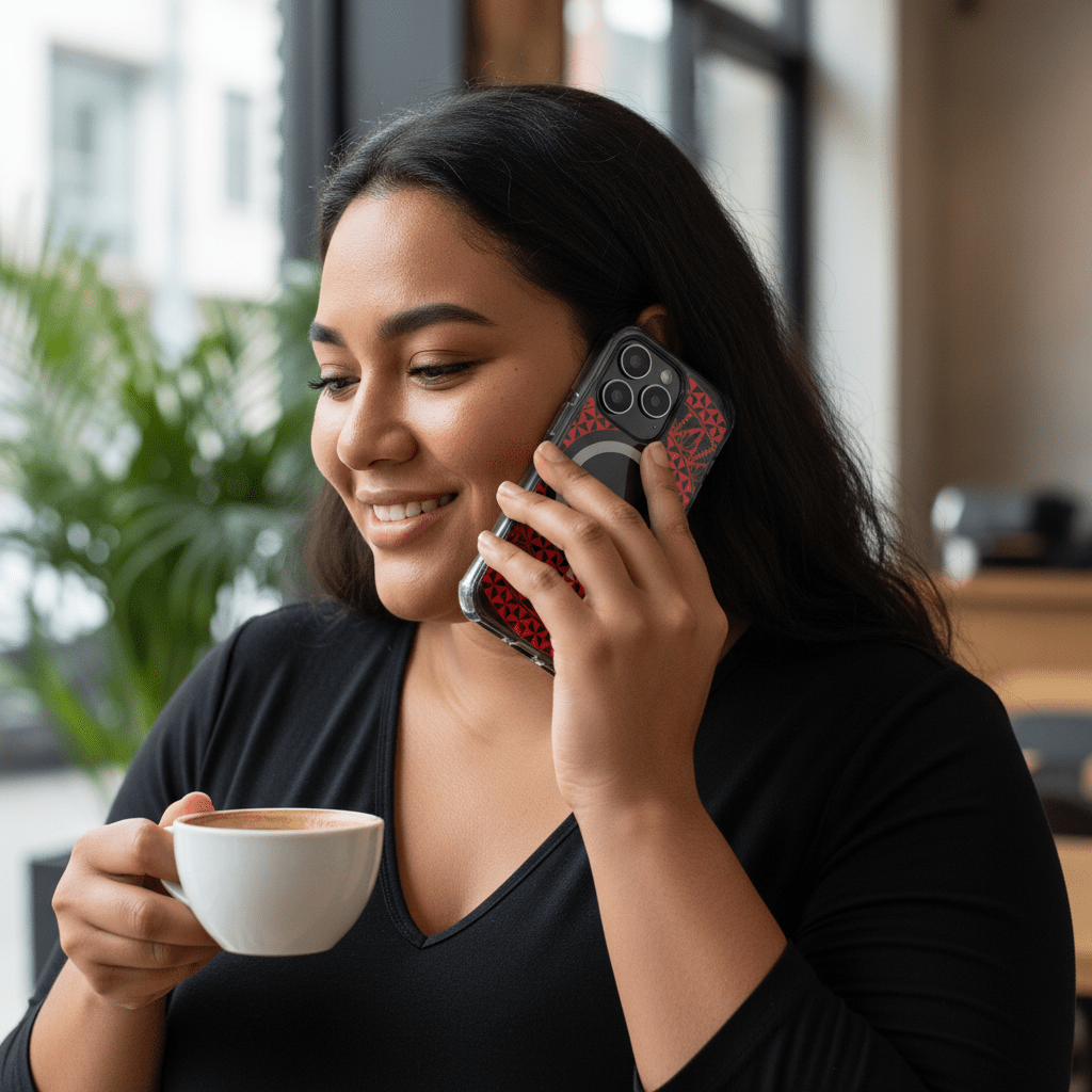 WOYC PasifikaOne MagSafe iPhone clear case featuring Tongan Redleaf design, showcasing a slim, transparent protective cover.
