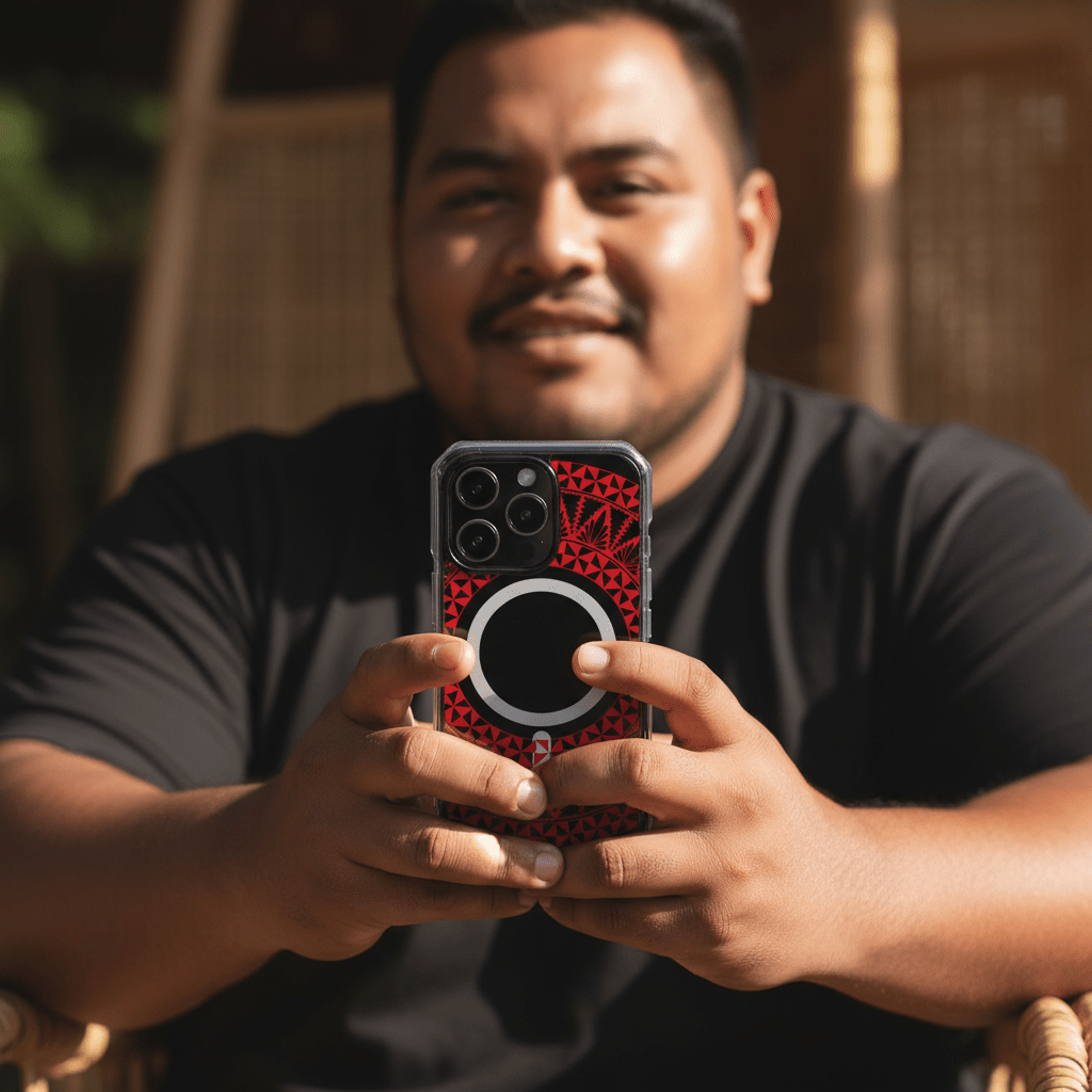 WOYC PasifikaOne MagSafe clear iPhone case in Tongan Redleaf design, featuring traditional Tongan and Samoan patterns.