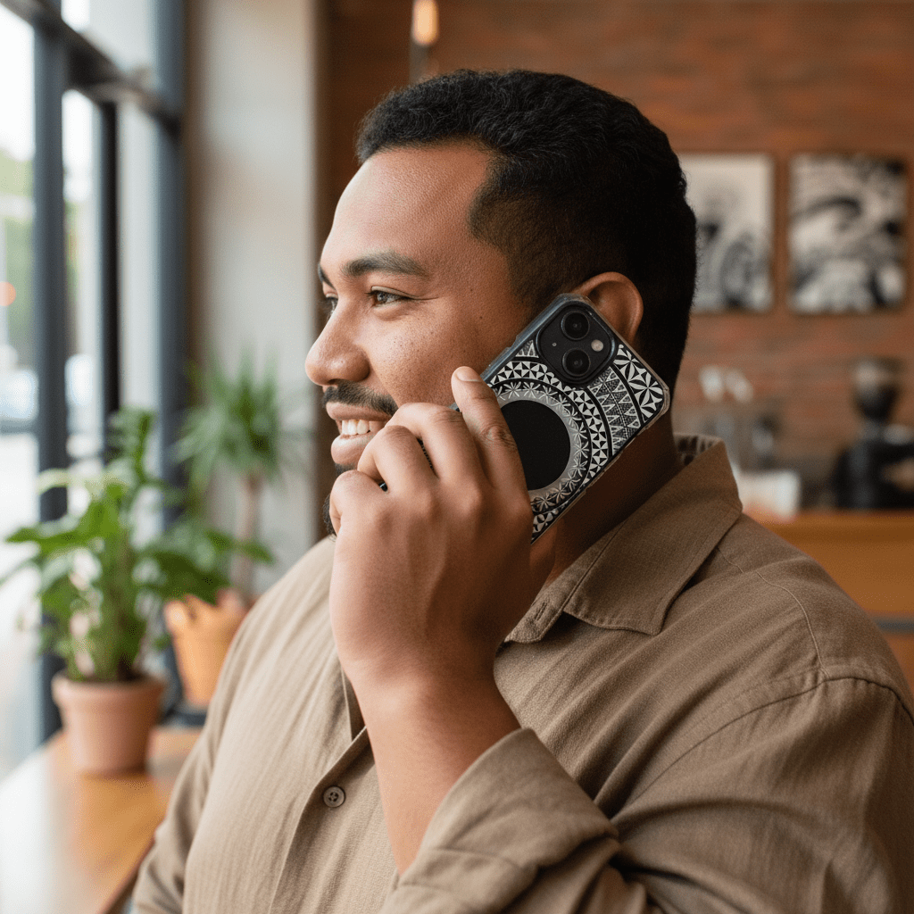 PasifikaOne MagSafe clear phone case with Tongan design, compatible with AU, NZ, and US models, showcasing vibrant cultural artwork