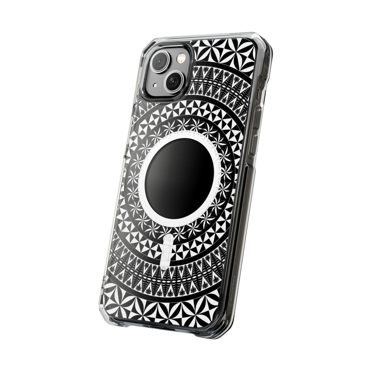 WOYC PasifikaOne MagSafe clear phone case with Tongan design, showcasing a sleek, transparent protective cover for iPhone.