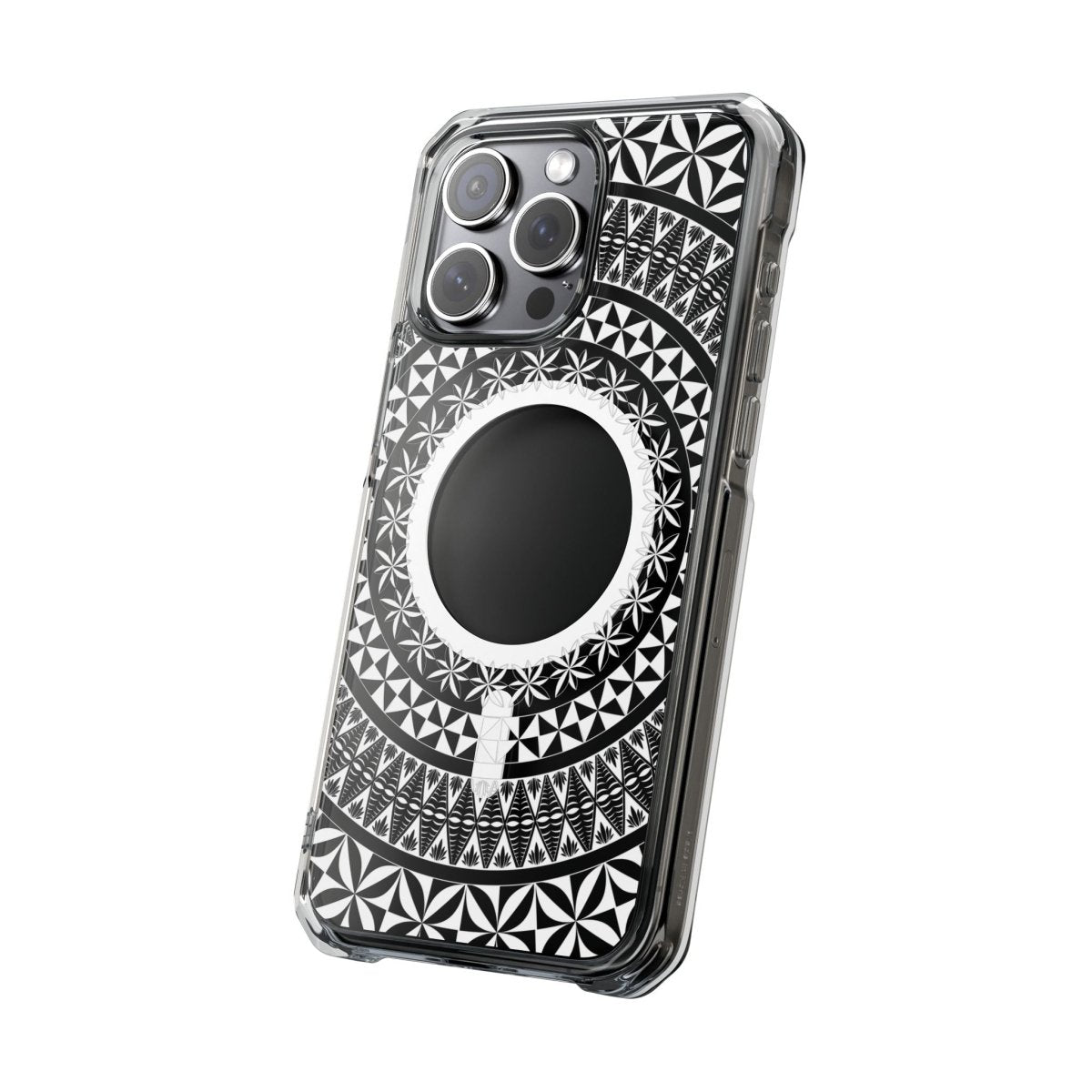 Clear MagSafe phone case featuring Tongan design, suitable for AU, NZ, and USA models, showcasing intricate cultural patterns.