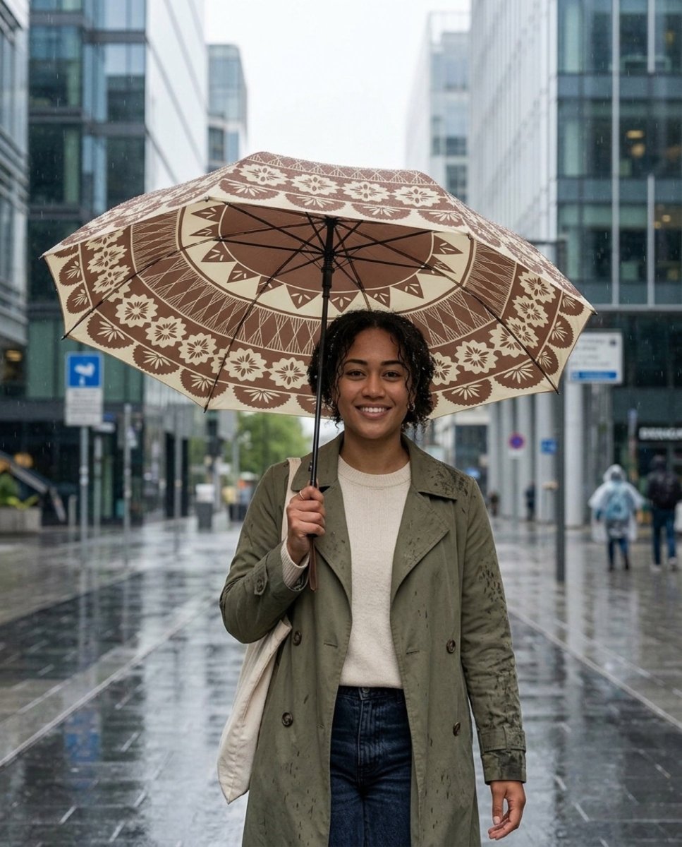 PasifikaOne umbrella, 48-inch Fiji-themed accessories umbrella with colorful Polynesian design, open for display.
