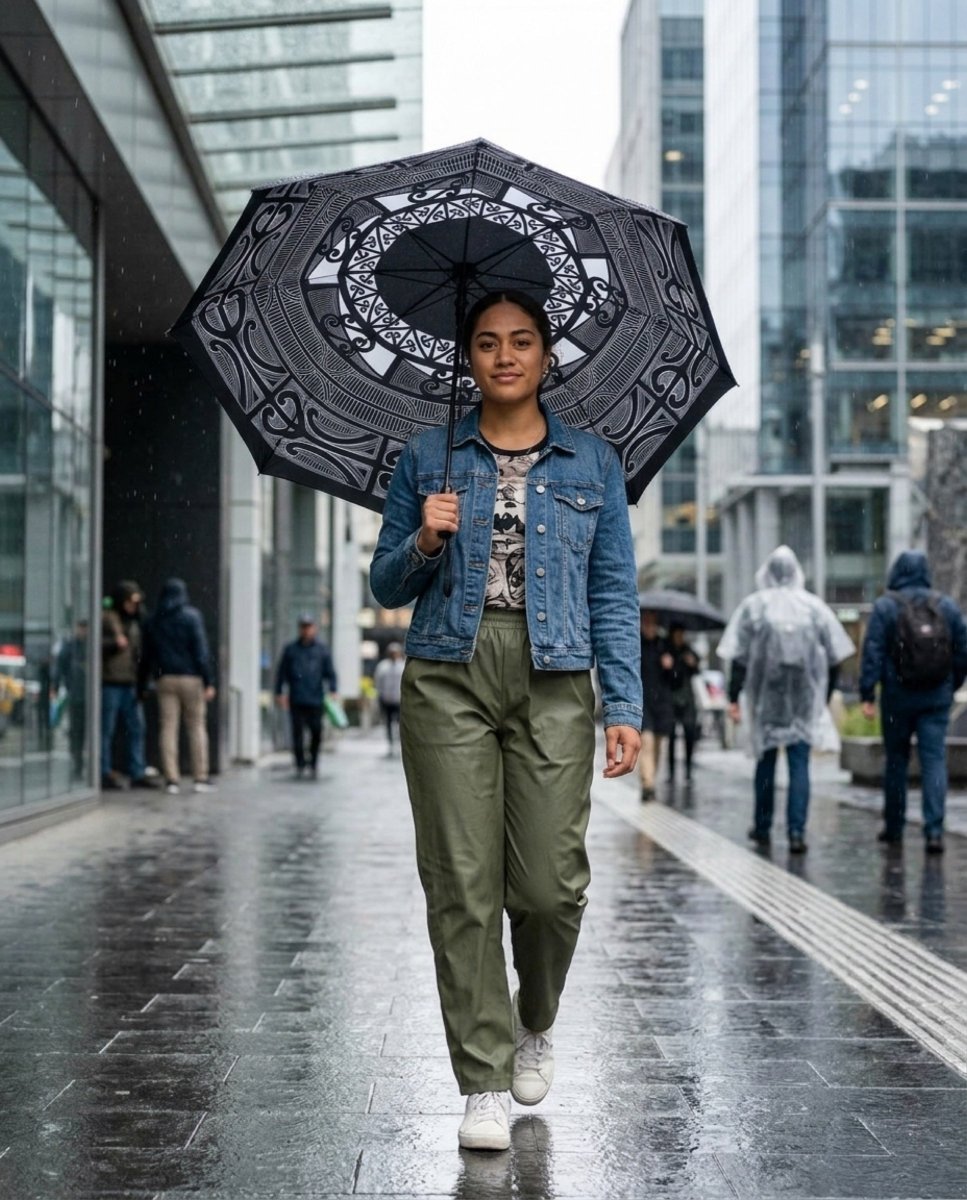 PasifikaOne Māori umbrella, 48-inch (122cm) with traditional Polynesian designs, outdoor accessories for cultural events.