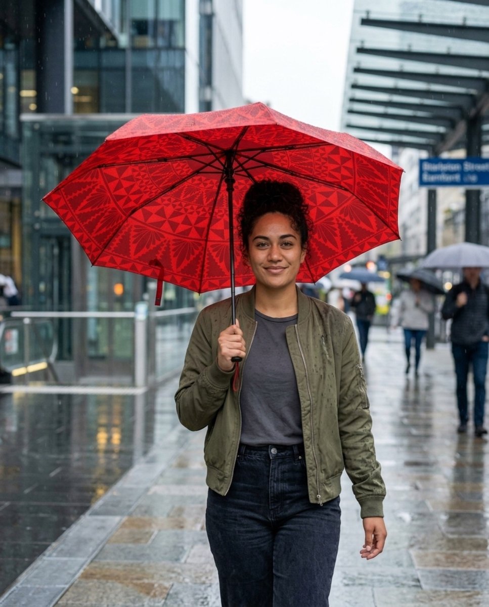 PasifikaOne Tongan Red umbrella, 48-inch arts and accessories, vibrant red canopy with traditional design elements.