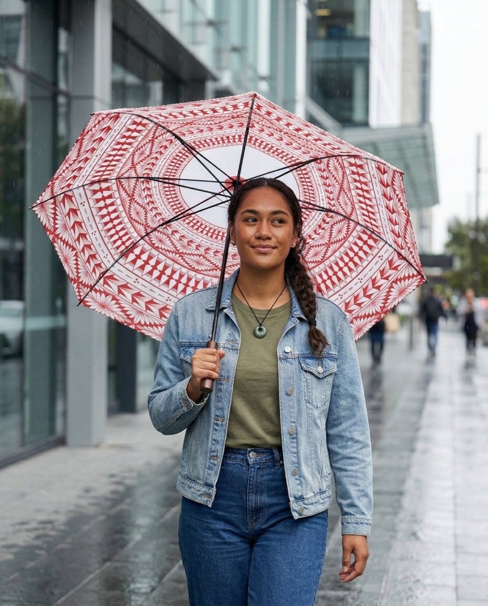 PasifikaOne white Tongan umbrella, 48-inch size, with traditional Polynesian design, branding, open umbrella view