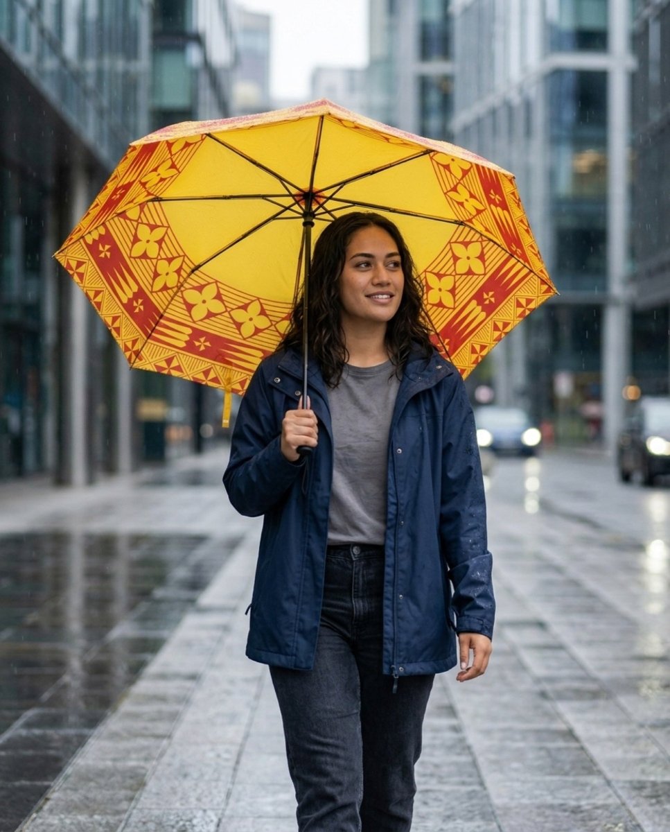 Yellow Tongan umbrella, 48-inch size, featuring vibrant Polynesian-inspired design, suitable for accessories and sun protection.