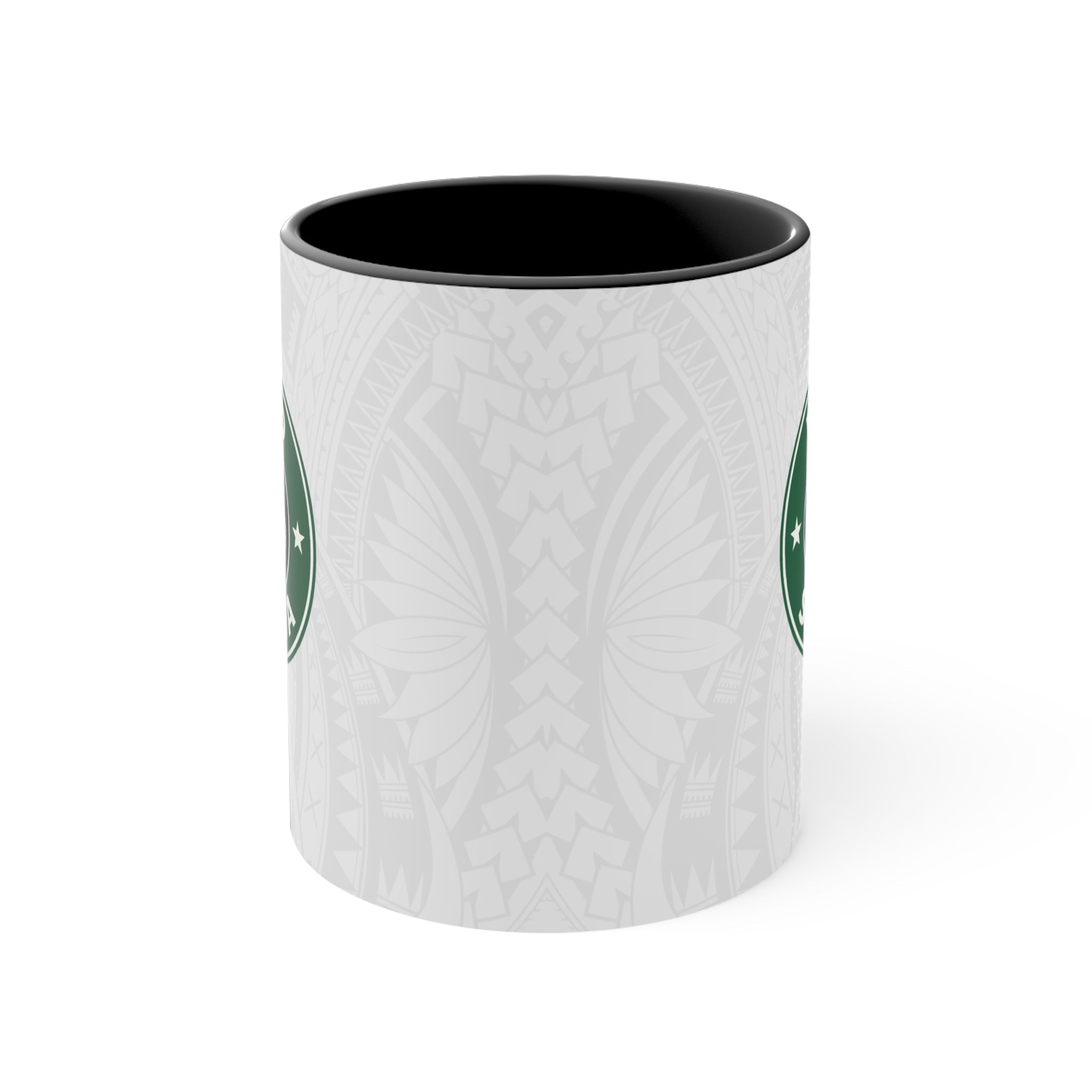 Black LimaLuxe™ 325ml mug featuring Koko Samoa design by Prima Printing, shown with a close-up of the mug's surface and design.
