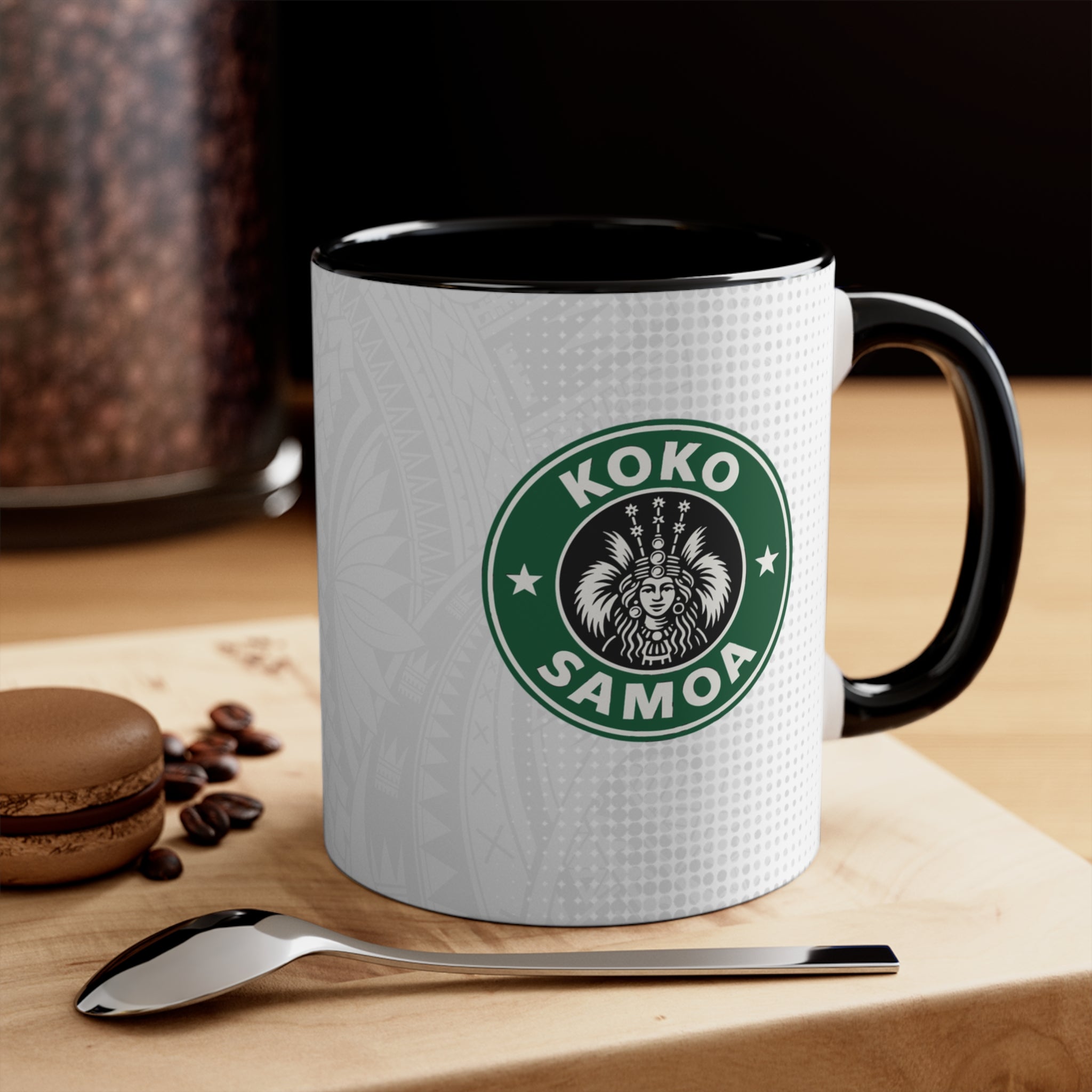 Black LimaLuxe™ 325ml mug with Koko Samoa design from Prima Printing, featuring tropical island artwork on a ceramic mug.