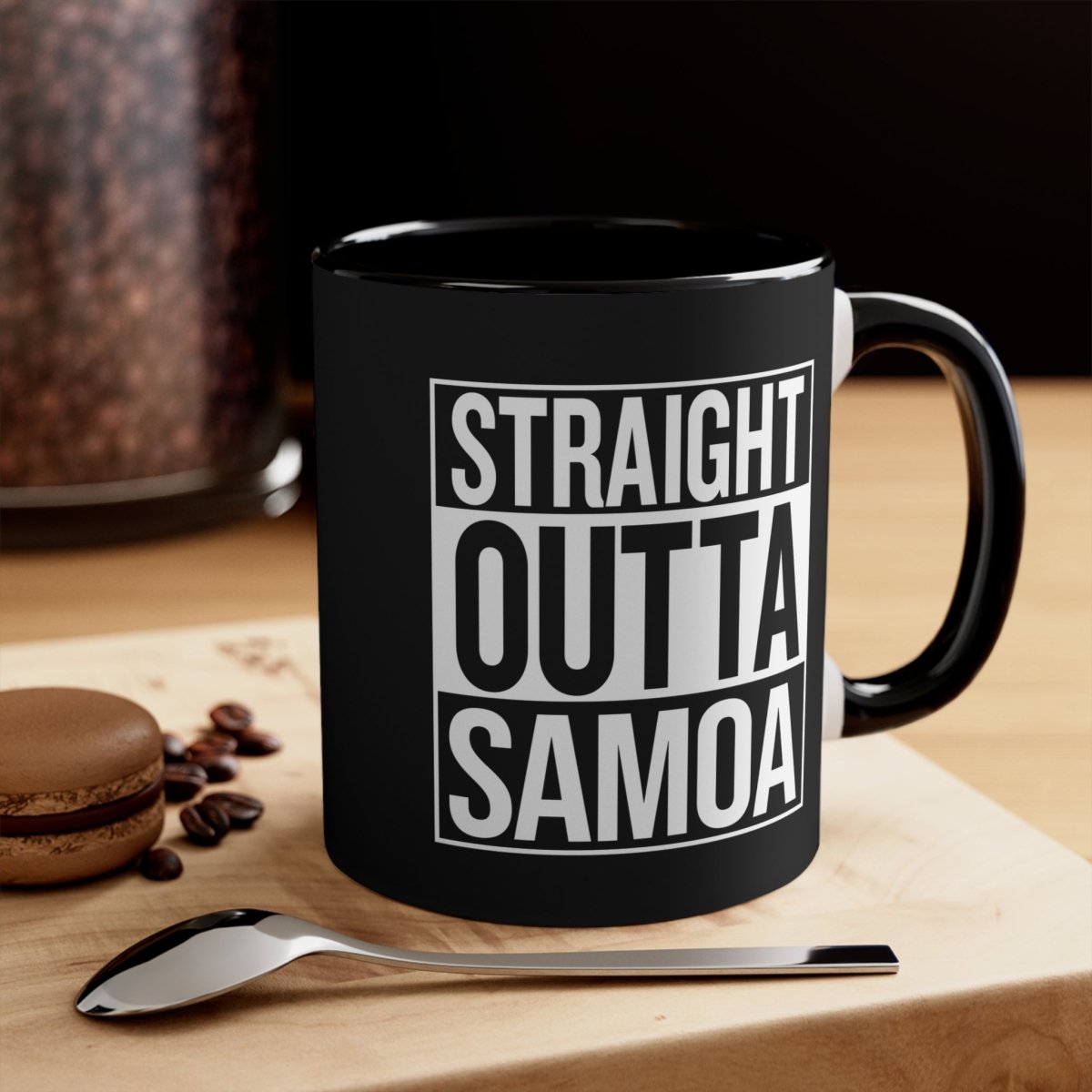 Black LimaLuxe™ 325ml mug from Prima Printing featuring "Straight Outta Samoa" design, ideal for hot beverages.