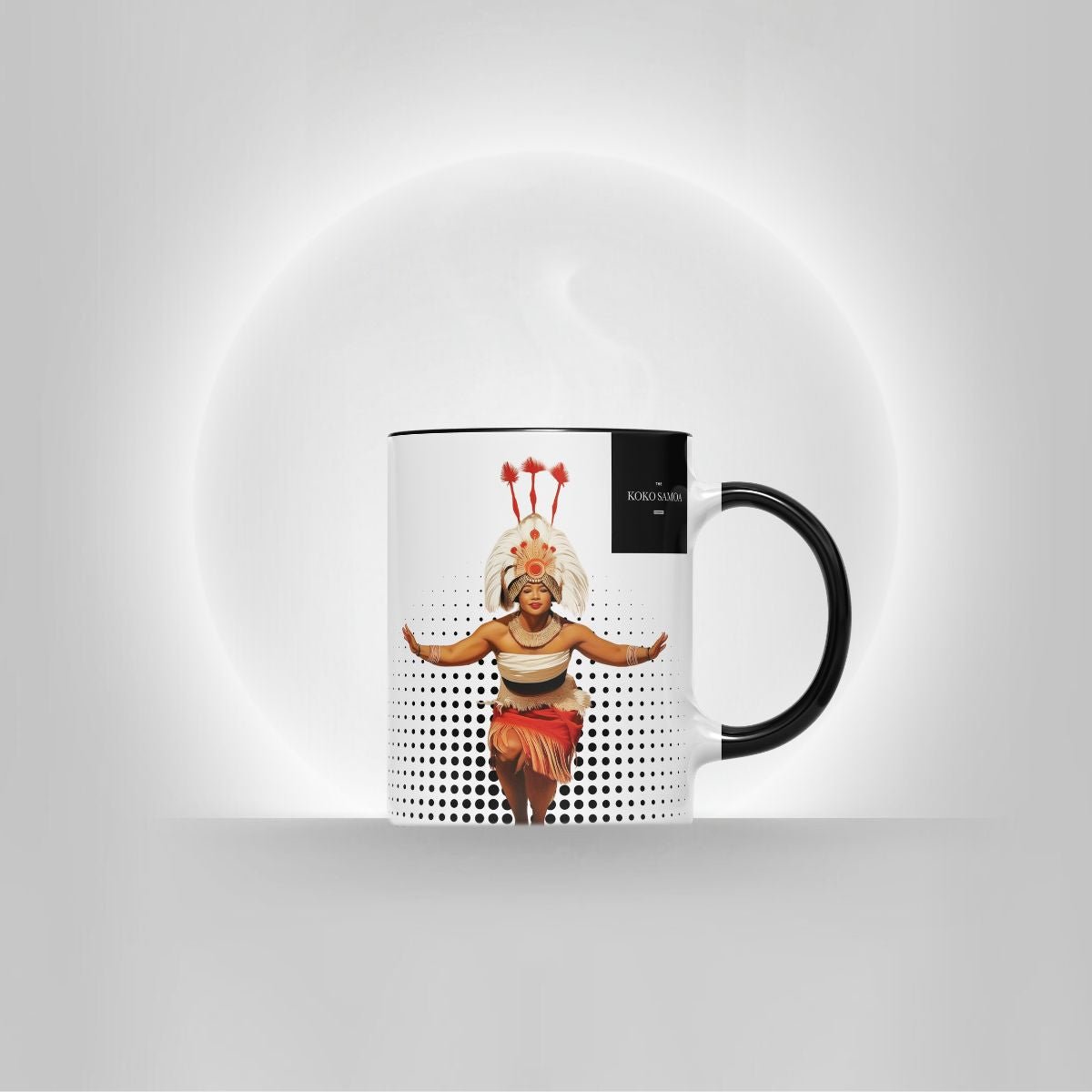 LimaLuxe™ 325ml Taupou mug by Prima Printing, black ceramic mug with tropical design, ideal for hot beverages.