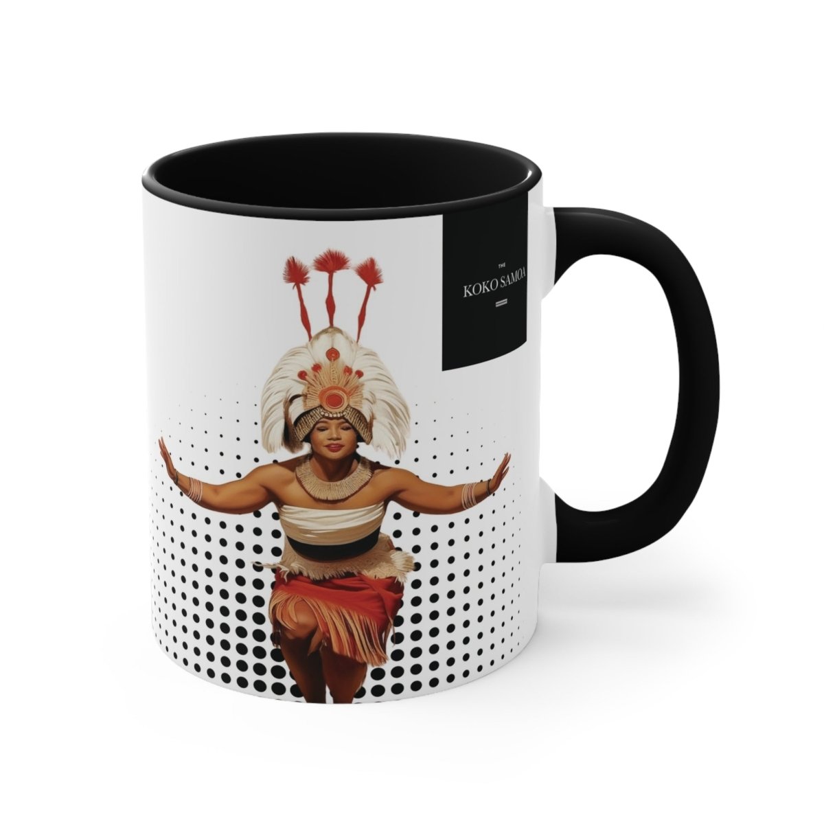 Black LimaLuxe™ 325ml Taupou mug by Prima Printing, featuring intricate design on a ceramic coffee mug.