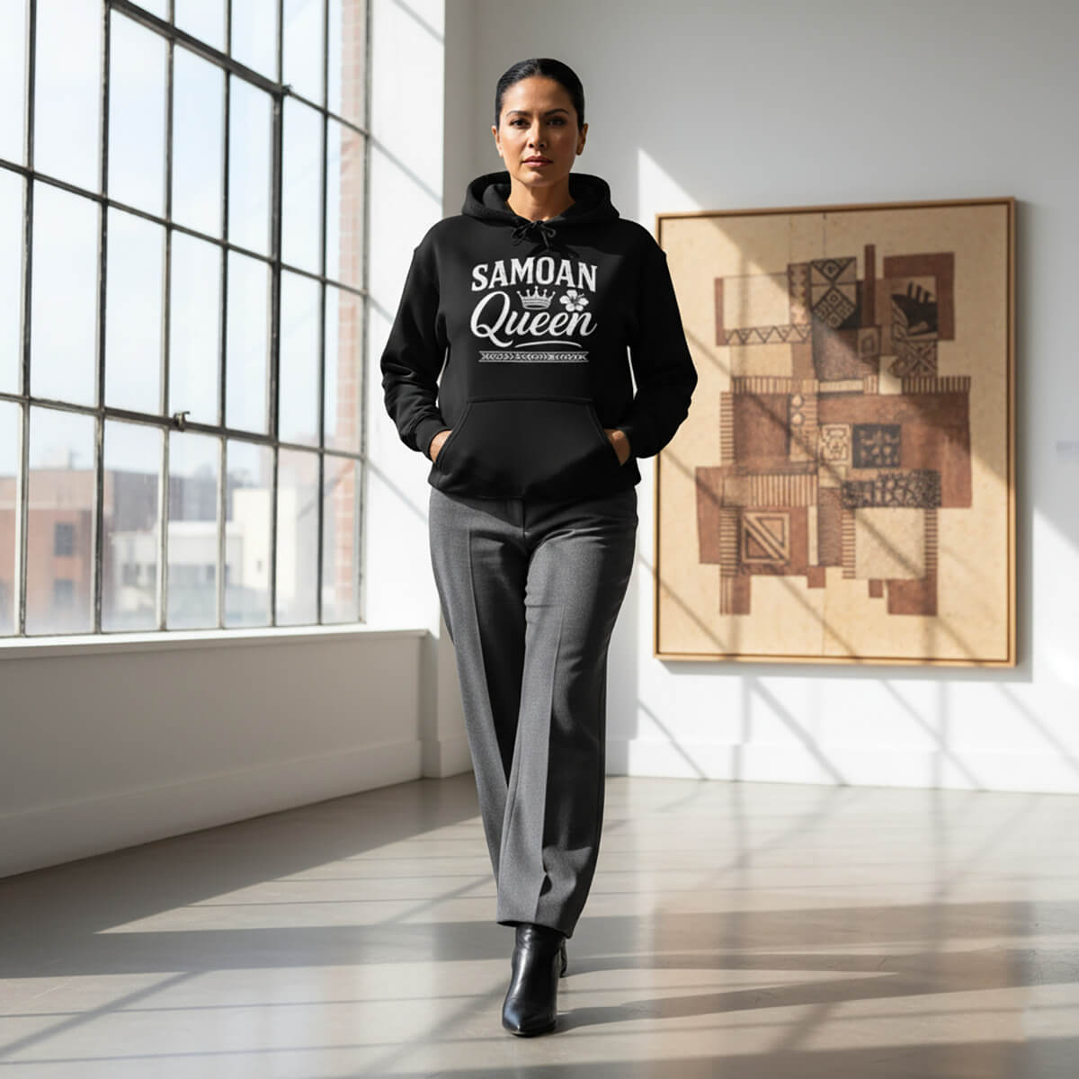 Black IslandSoft™ Hoodie featuring Samoan Queen design in premium quality, available in XS to XL sizes.
