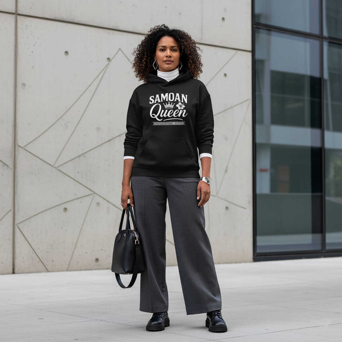 Black IslandSoft™ Hoodie featuring Samoan Queen design, available in XS to XL, casual unisex hoodie.