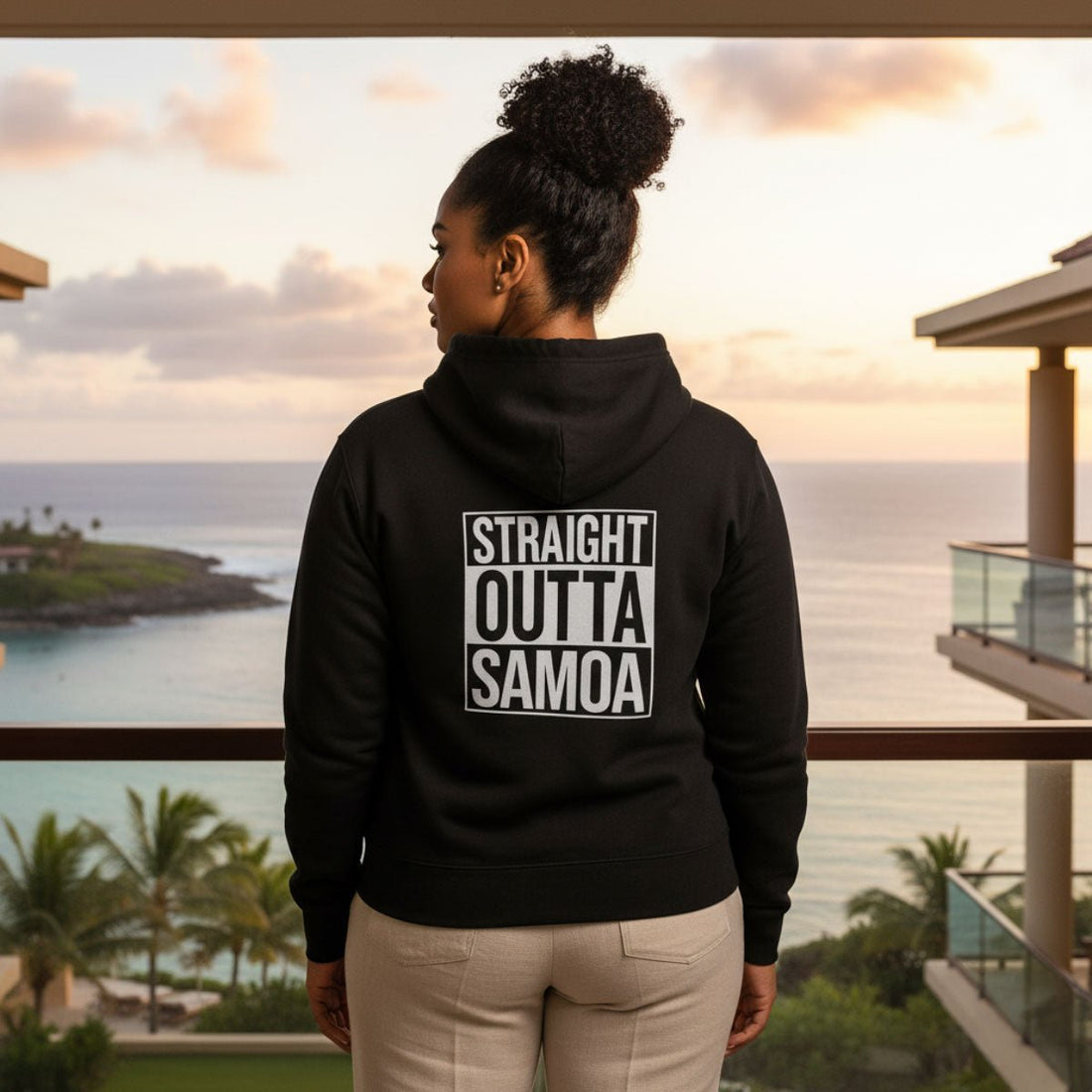 Black IslandHeavy™ Hoodie, plus 2XL-5XL, with "Straight Outta USA" graphic, made of soft, premium fabric.