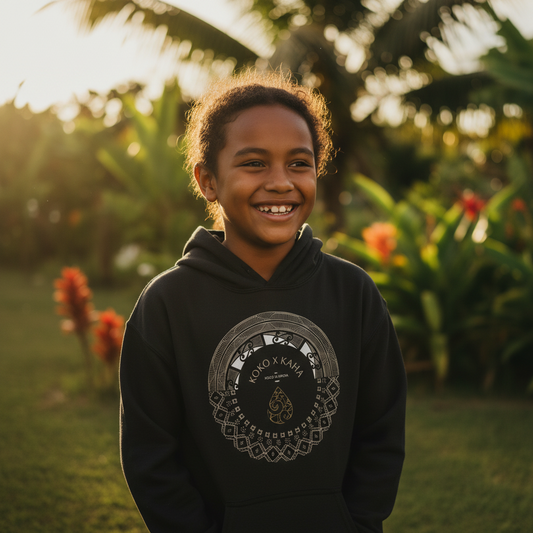 Black kids hoodie by PasifikaOne Aotearoa Samoa, Printify kids hoodie for AU, NZ, and USA with Polynesian design