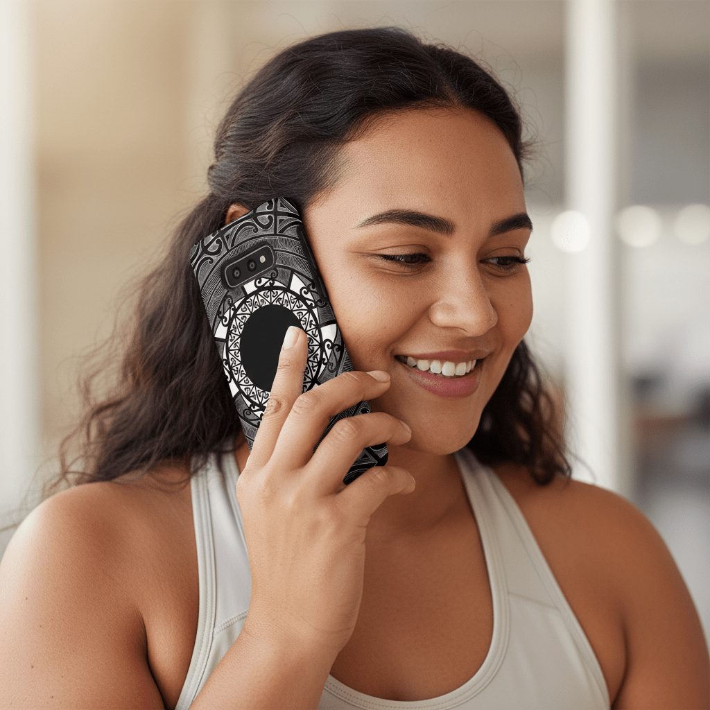 WOYC PasifikaOne MagSafe clear case for iPhone with Māori design, featuring Koko Samoa artwork on a transparent protective cover.