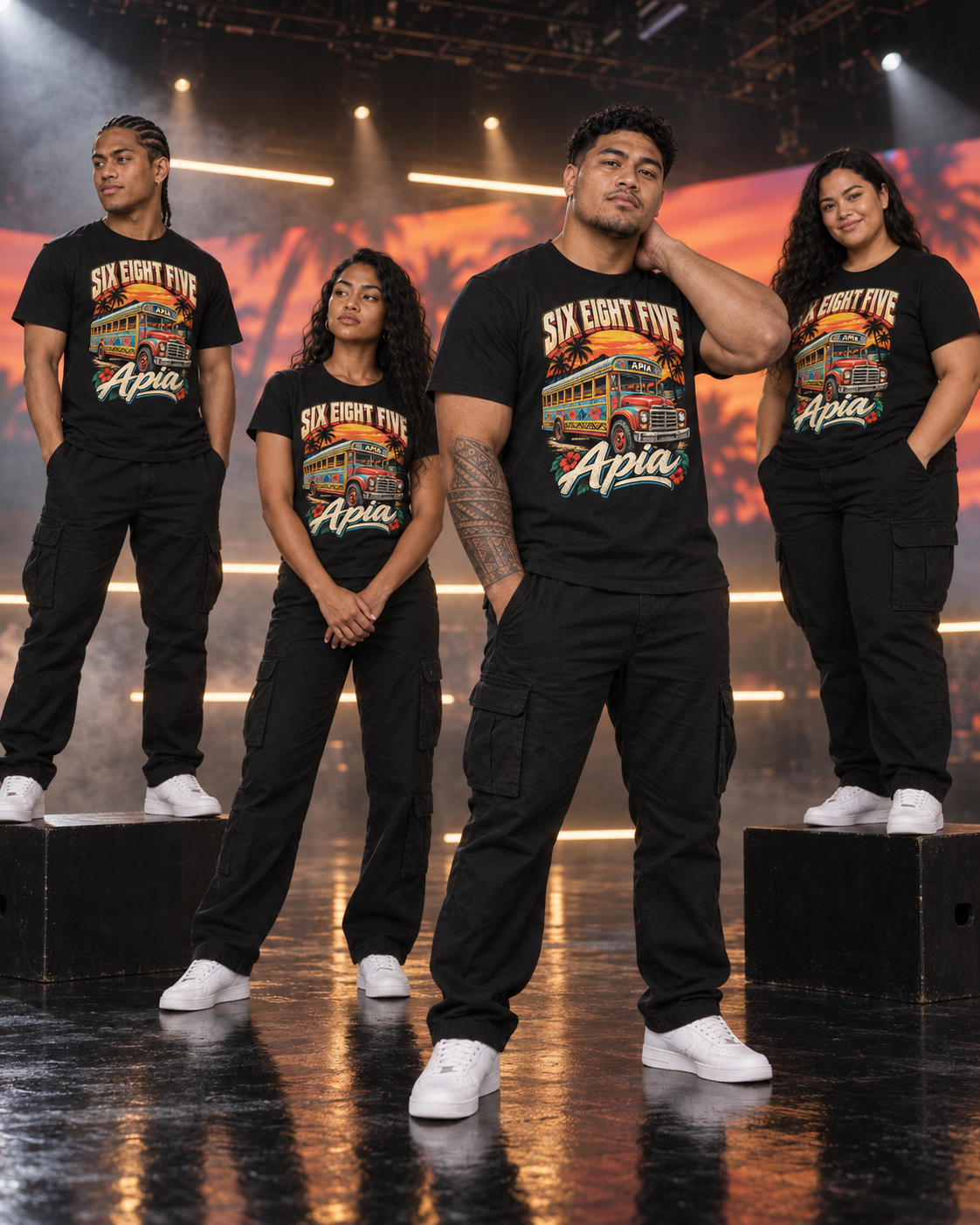 Four friends in the 685 Apia Samoa tee on a dark soundstage, a tropical sunset on the screen behind them