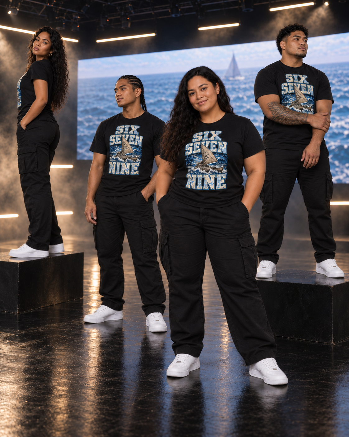 Four friends in the 679 Fiji tee on a dark soundstage, open ocean under a pale sky behind them