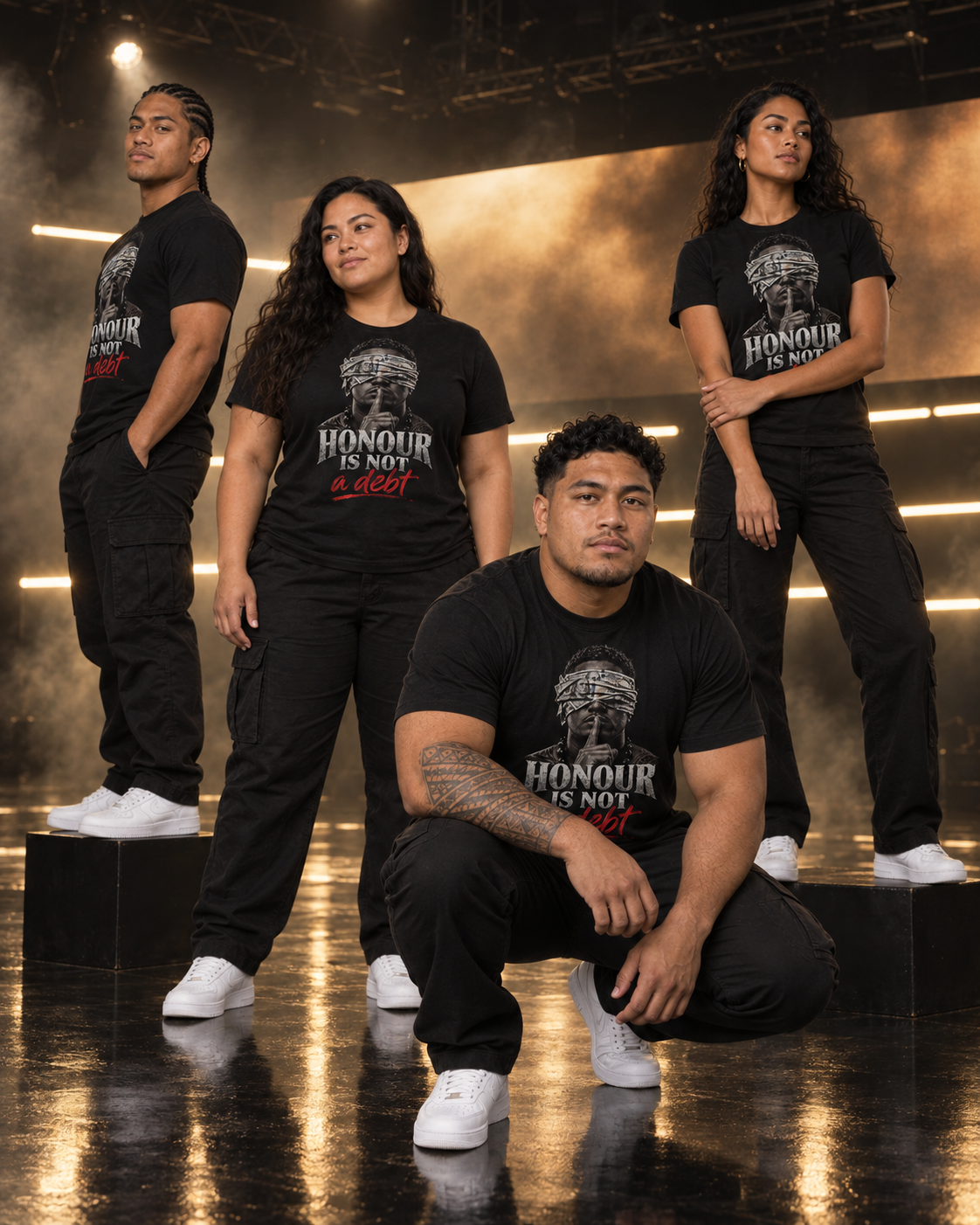 Four friends in the Honour Is Not A Debt tee on a dark soundstage, warm gold light on the screen behind them