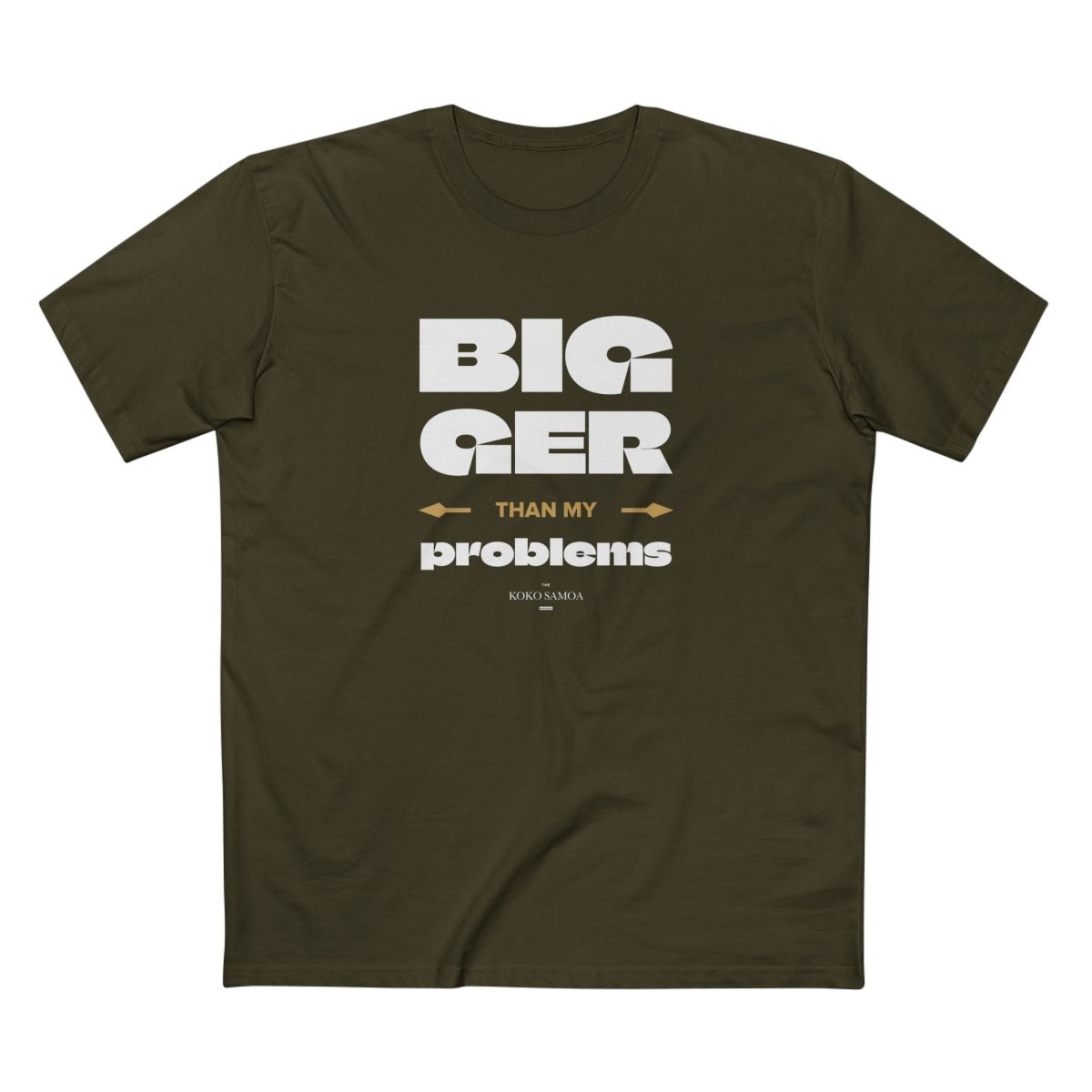 Unisex soft T-shirt with "Bigger Than Problems" personalized print, casual style, featuring a relaxed fit and comfortable fabric.