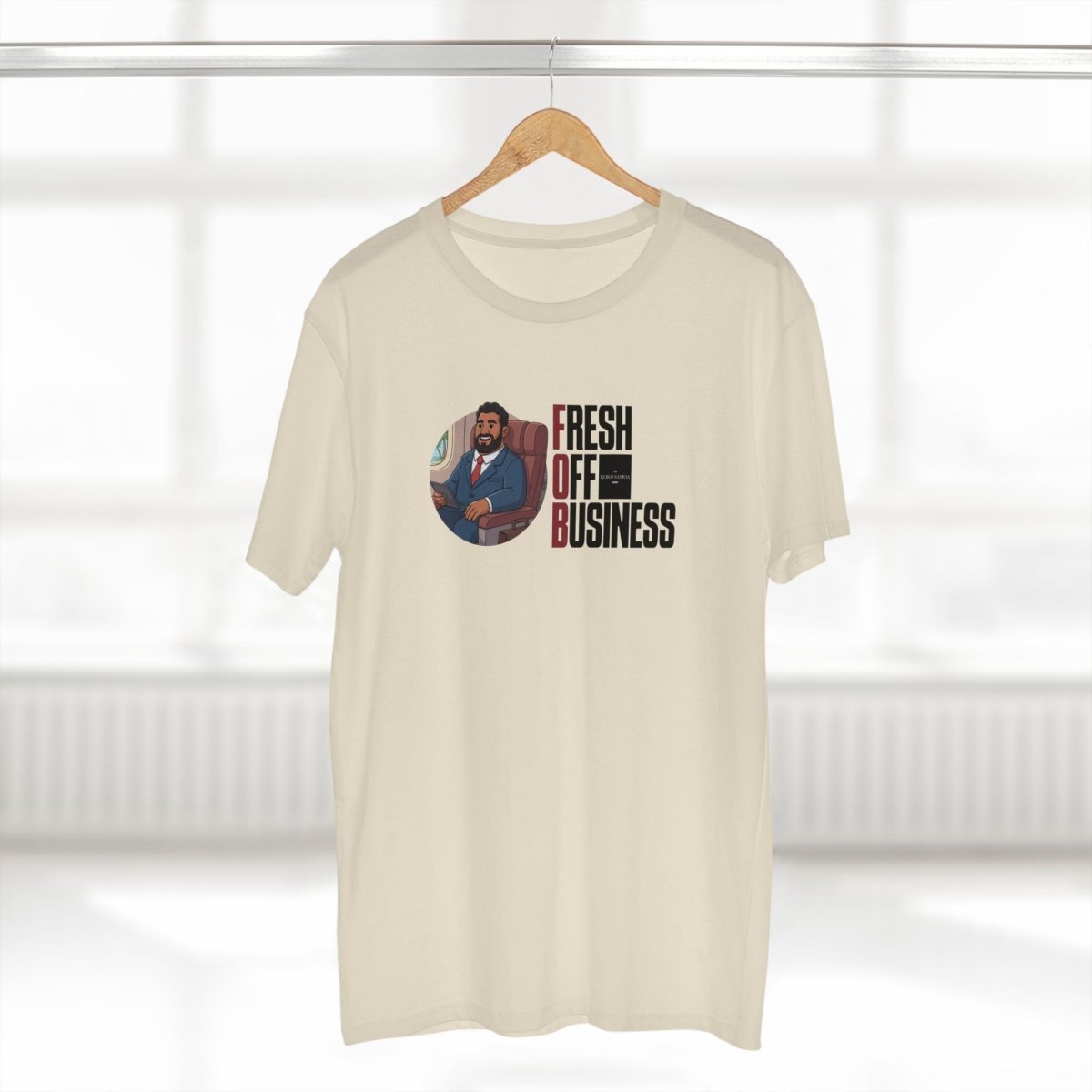 Unisex soft T-shirt from The Print Bar featuring "Fresh Off Business" design, casual fit, natural fabric in neutral color.