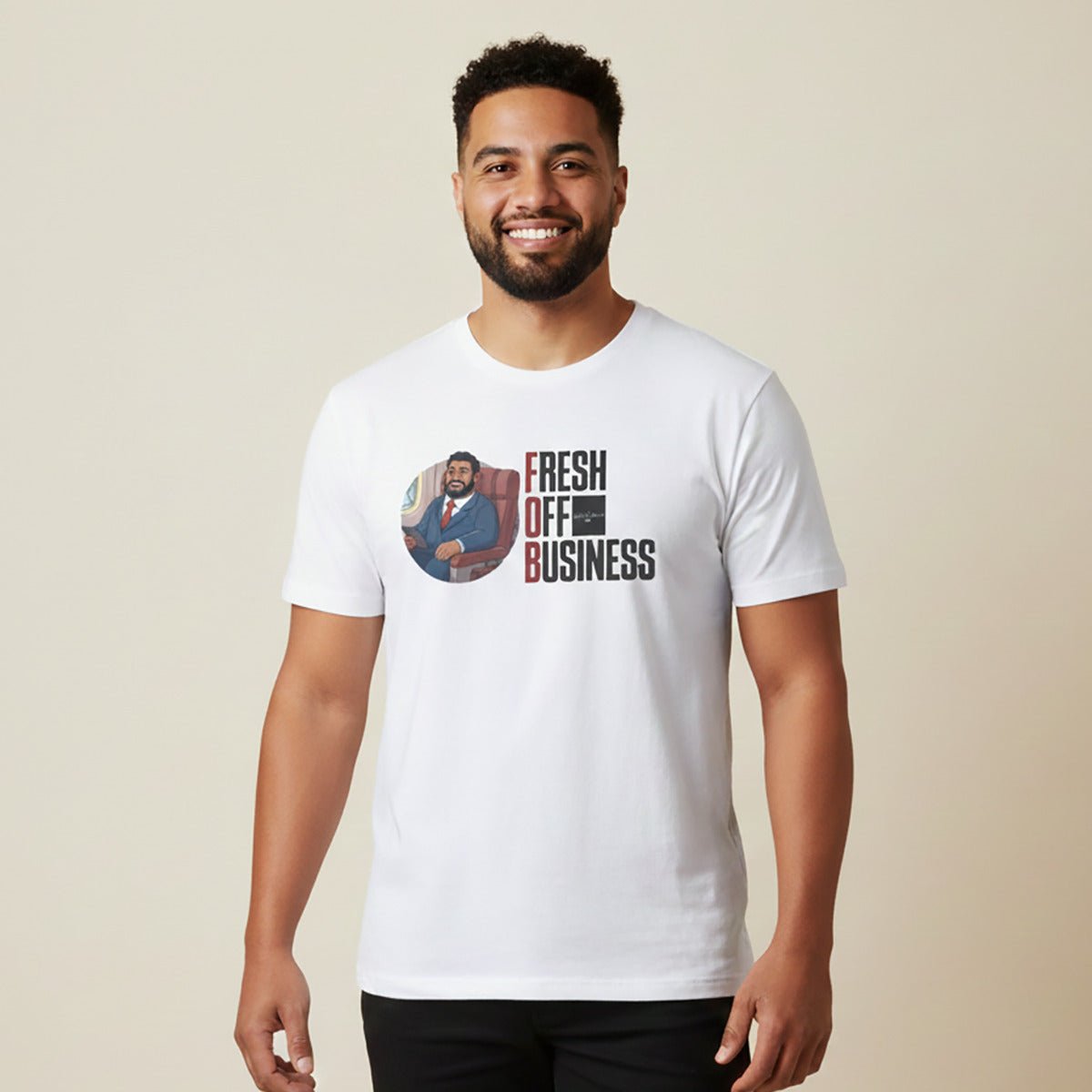 Soft unisex T-shirt from The Print Bar with personalized "Fresh Off Business" design, suitable for AU/NZ customers.