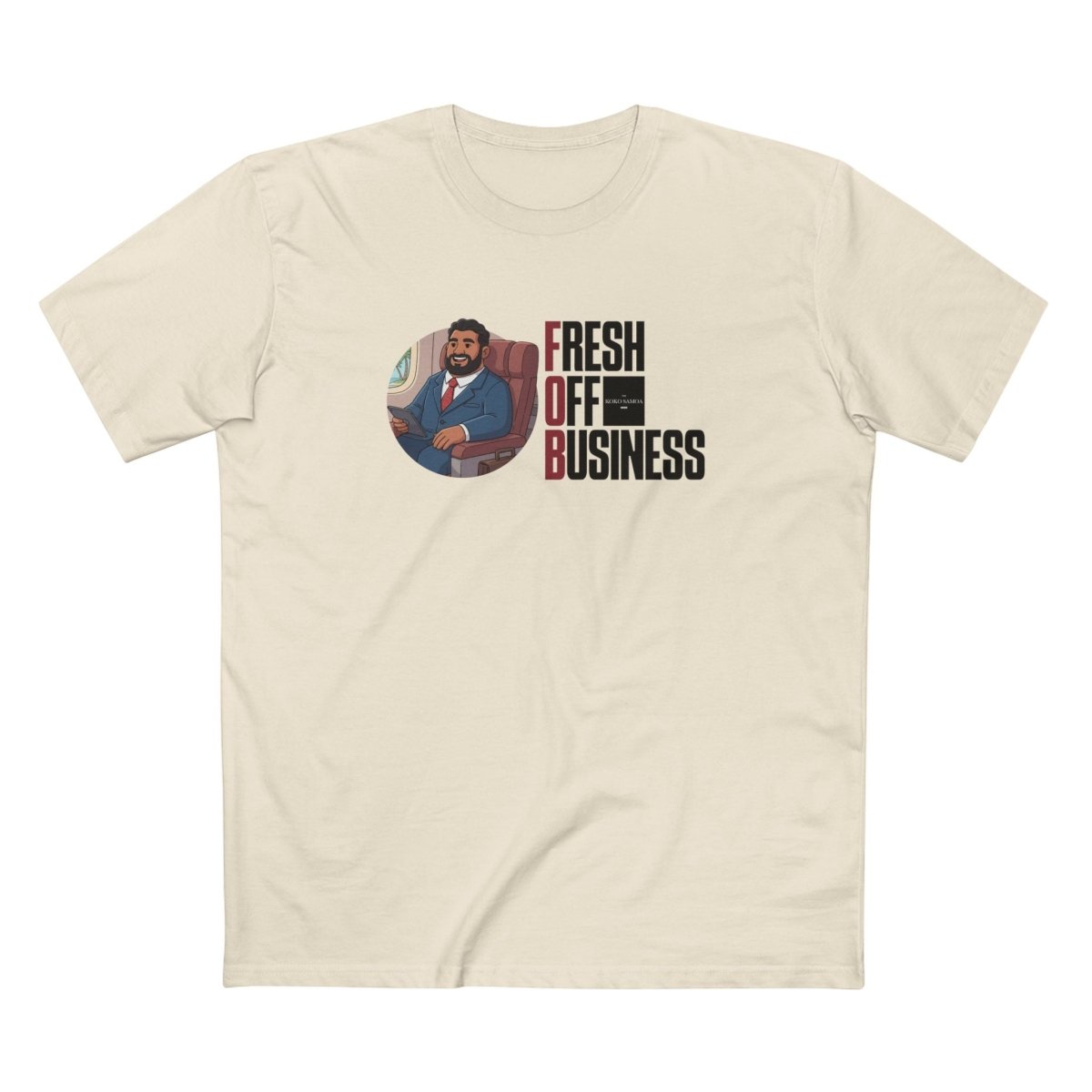 Unisex soft T-shirt with custom "Fresh Off Business" print, made by The Print Bar, in a relaxed fit, on a plain background.