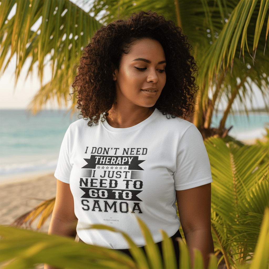 Unisex soft tee featuring Samoan Therapy design by The Print Bar, casual fit, in neutral fabric, displayed flat on a white background.
