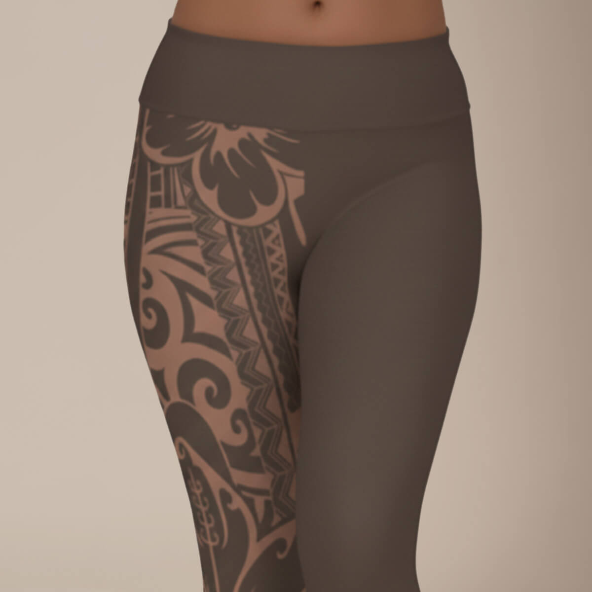 Plus size leggings in Bloom Driftwood, 2XL to 6XL, showing the fabric and fit on a model.