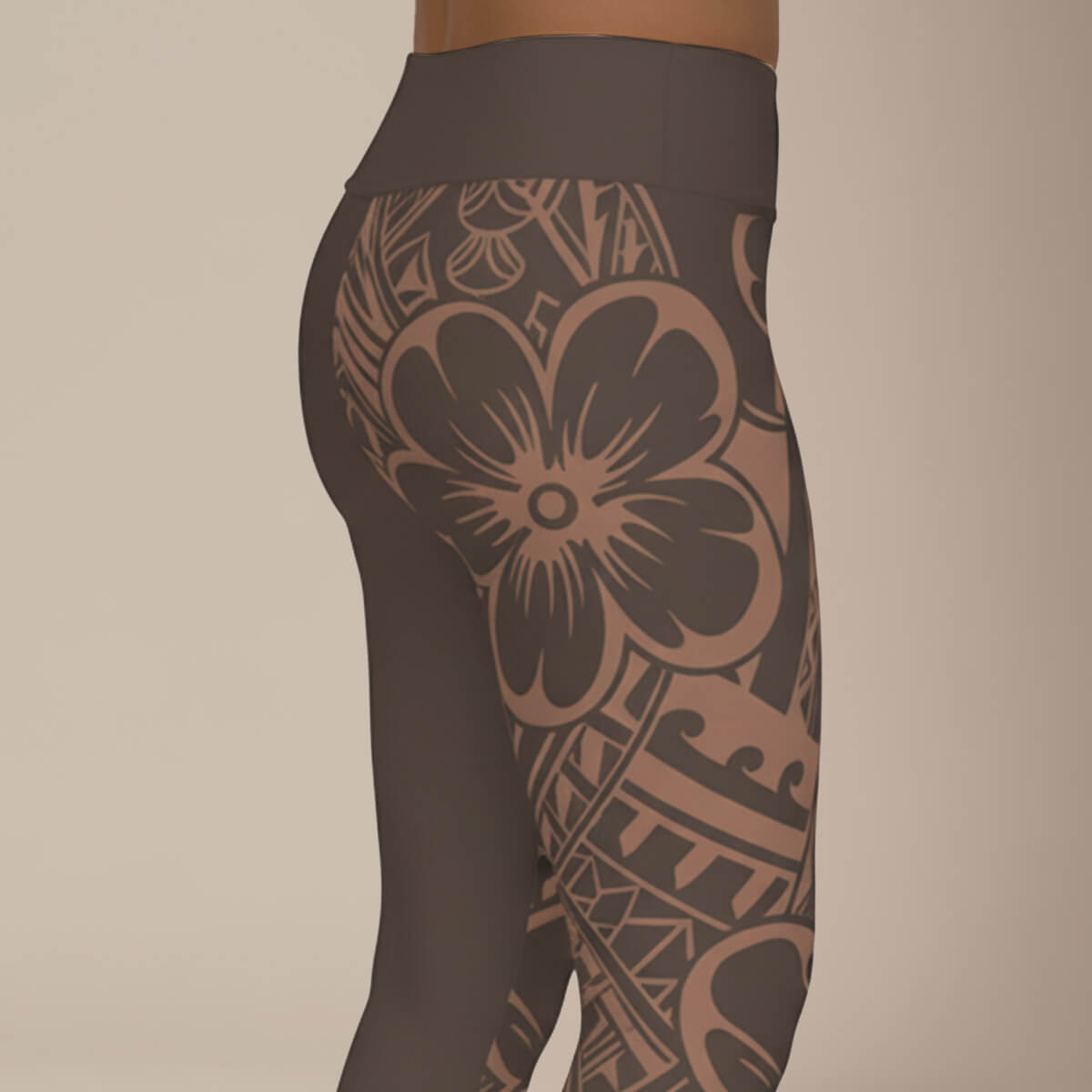Plus size IslandCurvy 2XL to 6XL leggings in Bloom Mocha Mousse, featuring a comfortable fit and stylish floral pattern by Subliminator.