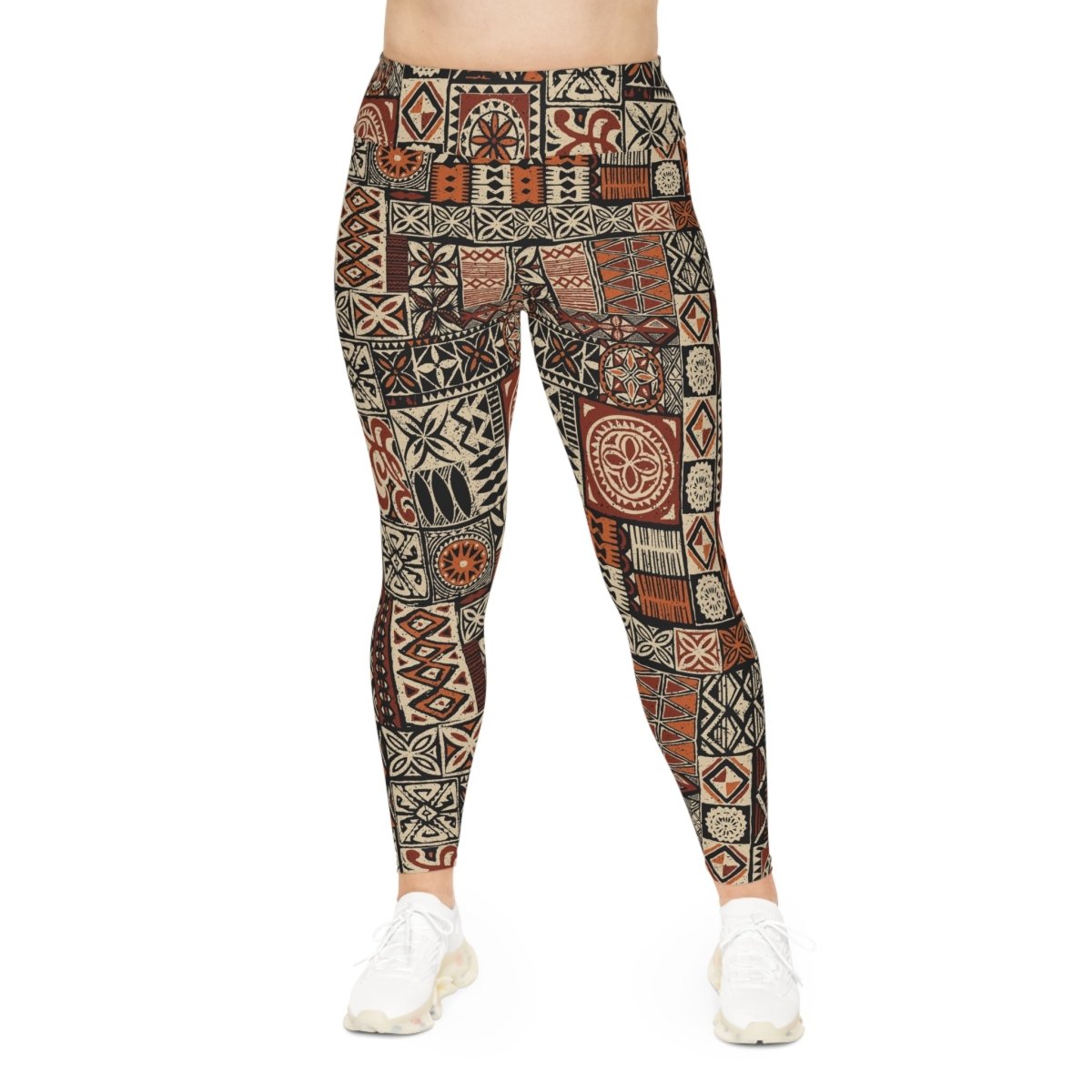 Plus size IslandCurvy 2XL to 6XL leggings featuring Elei pattern, shown on a model.