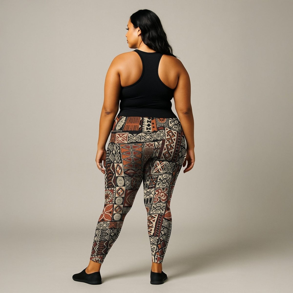 Plus size 2XL to 6XL IslandCurvy Subliminator leggings featuring Elei pattern in vibrant colors, shown on a model.