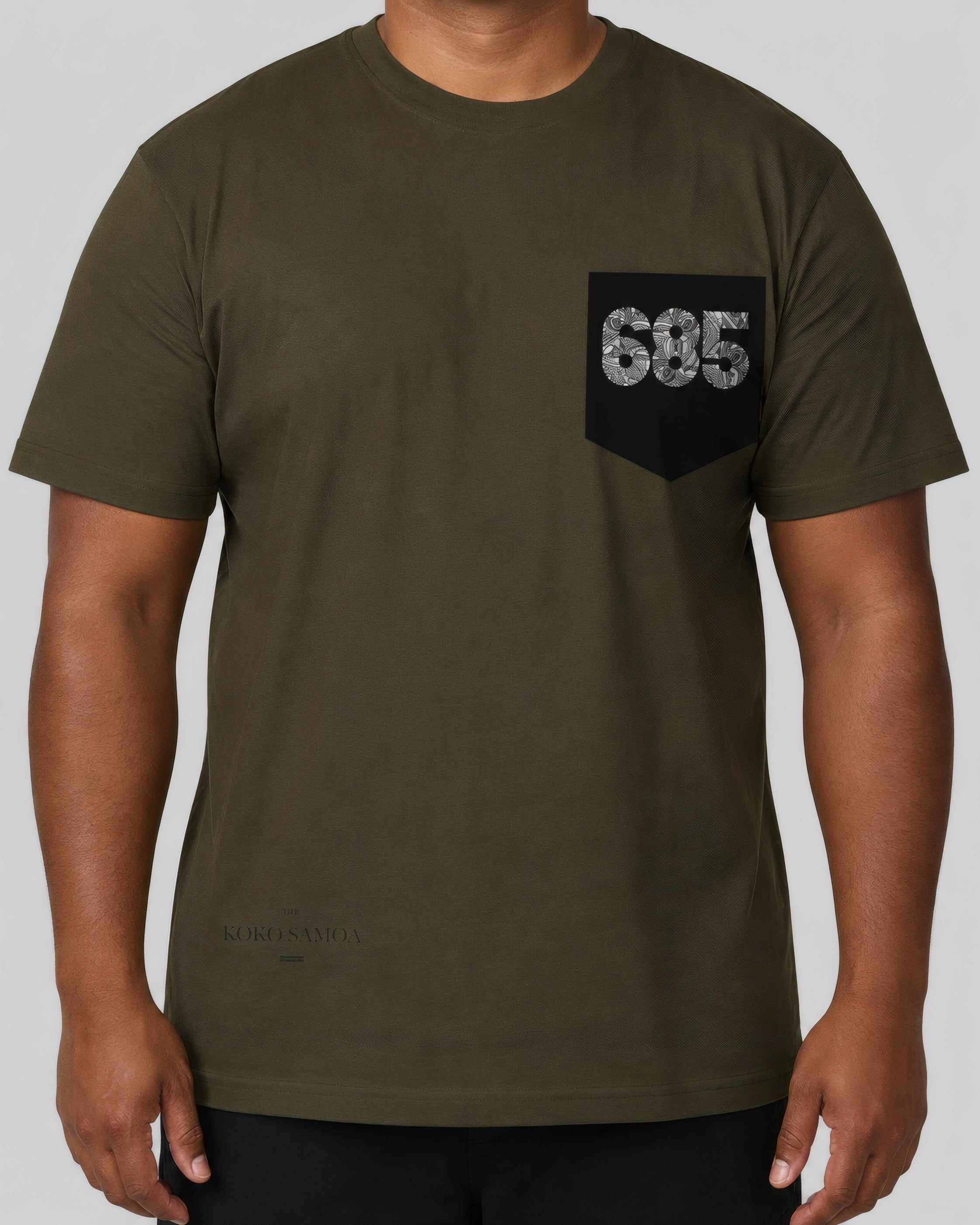 Soft Unisex Tee - '685 Pocket' Print on a light grey studio background