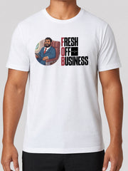 Soft Unisex Tee - Fresh Off Business on a light grey studio background