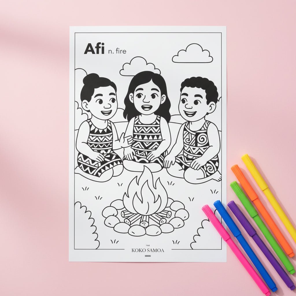 Downloadable Learn and Colour Sheet by THE KOKO SAMOA featuring Afi design, suitable for AU, NZ, and USA audiences.
