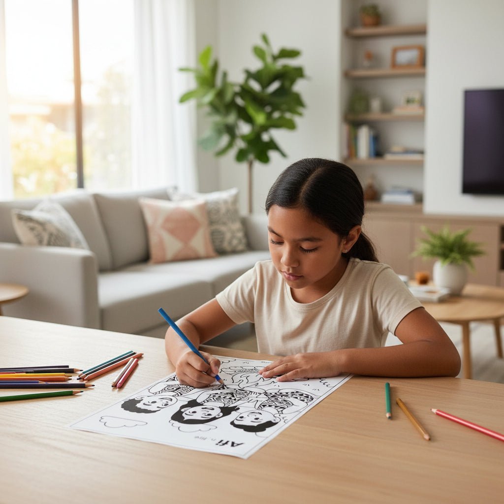 Downloadable Learn and Colour Sheet by THE KOKO SAMOA featuring Afi for kids in AU, NZ, and USA regions.