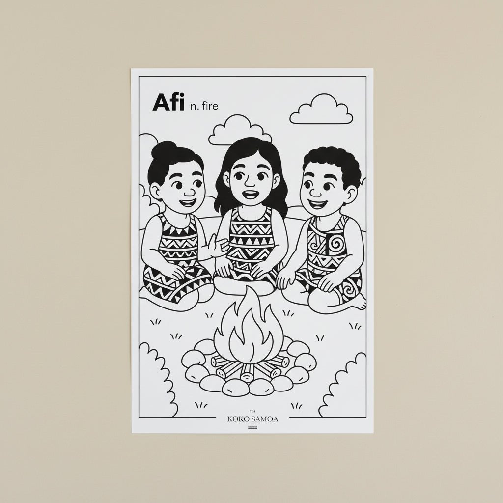 Downloadable Learn and Colour Sheet by THE KOKO SAMOA featuring Afi design, suitable for AU, NZ, and USA audiences.