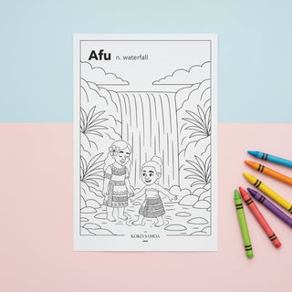 Downloadable Learn and Colour Sheet featuring Afu from THE KOKO SAMOA, designed for AU/NZ/USA audiences.