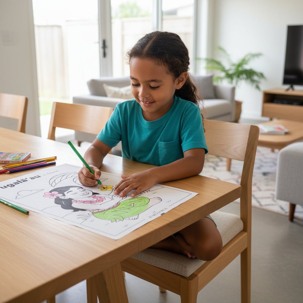 Downloadable Learn and Colour Sheet by THE KOKO SAMOA featuring Fugalā'au, designed for AU, NZ, and USA audiences.